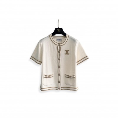 CHANEL STRIPED TRIMMED CREW NECK KNIT SHORT-SLEEVED TOP 